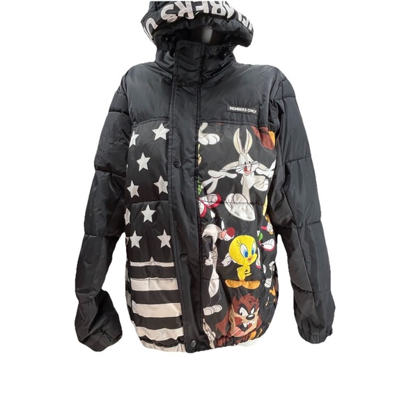 Looney Tunes Bugs Bunny & Friends Members Only Hooded Puffer Coat Size Med - Picture 6 of 16